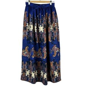 Mango Bohemian Paisley Floral Tie Waist A Line Pockets Maxi Skirt Small Blue